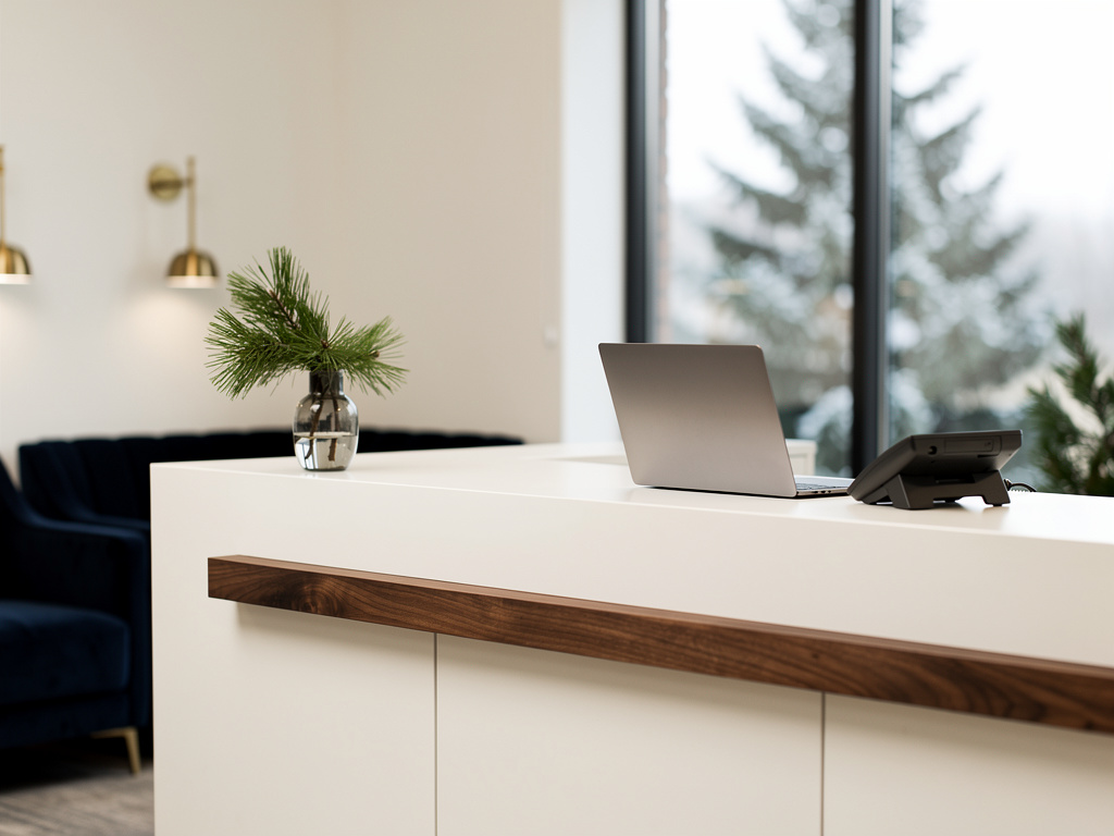 A welcoming front desk in walnut and off-white with a laptop, a phone and a small vase of pine branches, nobody in focus
