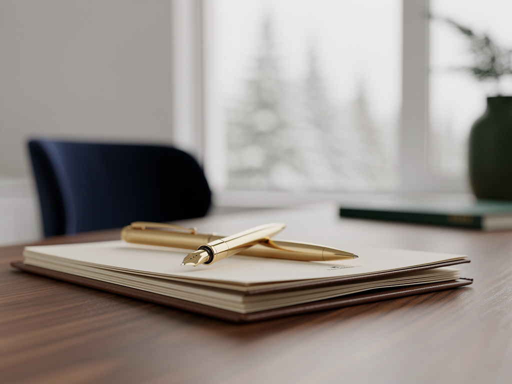 Close-up of a brass pen resting on a neatly stacked folder on a walnut desk.