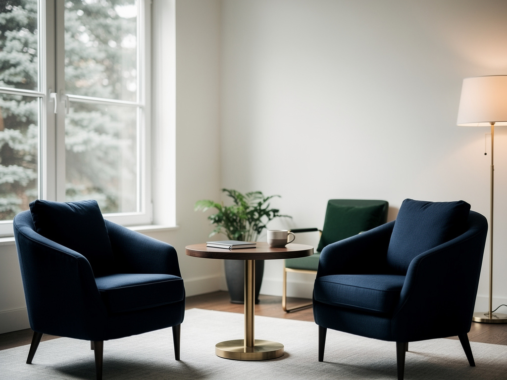 Two navy armchairs facing each other across a small round table in soft daylight.