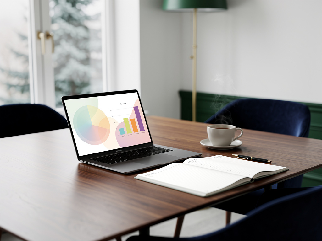 A laptop showing an abstract chart beside an open planner and a coffee cup on the meeting table.