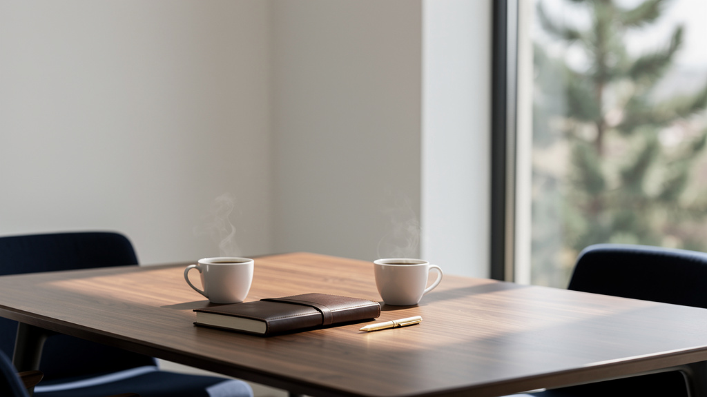 A calm meeting table by a tall window with two cups of coffee, a leather notebook and a brass pen, pine trees softly blu