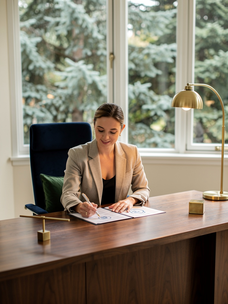 An advisor seen from behind at a walnut desk, reviewing printed documents, with a view of evergreen trees through the wi